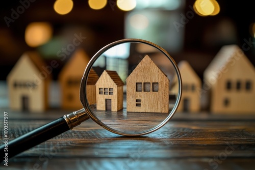 Magnifying glass focusing on miniature wooden houses, showcasing intricate details and craftsmanship against a blurred background.