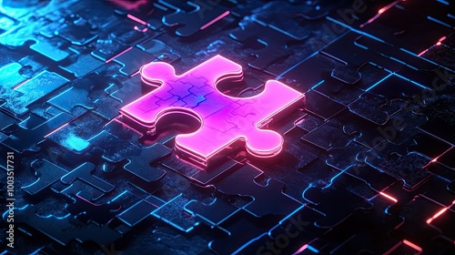 Neon puzzle pieces aligning perfectly in a futuristic digital space, representing API integration and technology synergy