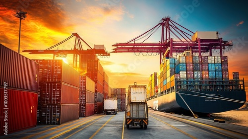 Large cargo ship docked at a port with cranes and containers, symbolizing a port strike, highlighting the scale of the port and the absence of activity.