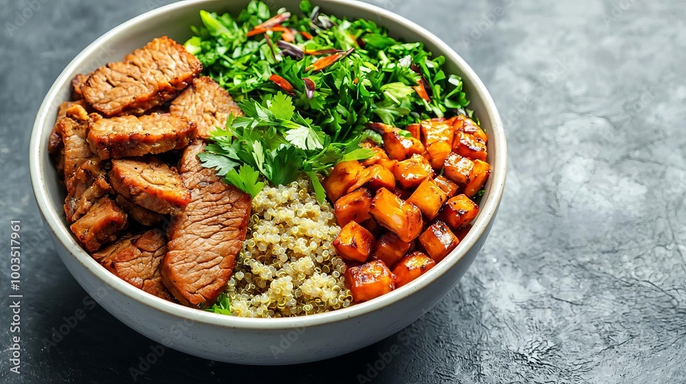 Colorful vegan protein bowl with quinoa, herbs, and plantbased meat, photographed in natural light, plantbased protein, balanced nutrition Colorful vegan protein bowl with quinoa, herbs, and plantbased meat, photographed in natural light, plantbased protein, balanced nutrition