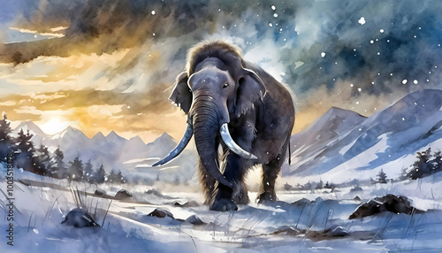 mammoth trudging through an icy, desolate landscape, covered in layers of snow under a faintly glowing sky. The cold atmosphere is palpable in the icy textures and the mammoth's fur