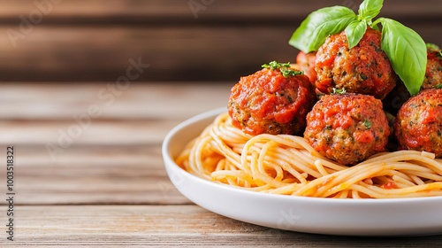 Herbcrusted vegan meatballs made with plantbased protein, served over spaghetti, vegan food, Italianinspired dining photo