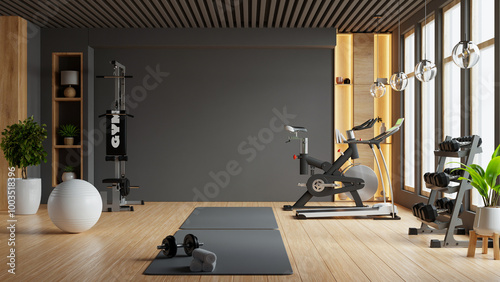Fotografía Modern gym interior with sport and fitness equipment on black wall background- 3