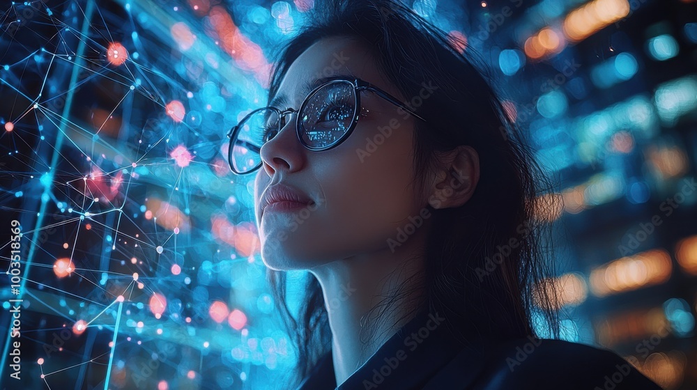 Young woman gazing at futuristic digital interface surrounded by vivid blue lights in a modern urban environment during nighttime Young woman gazing at futuristic digital interface surrounded by vivid blue lights in a modern urban environment during nighttime