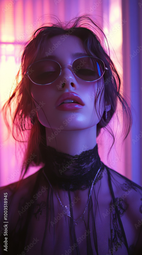 A young woman with dark hair poses in a black lace top, with pink and purple lights behind her. A young woman with dark hair poses in a black lace top, with pink and purple lights behind her.