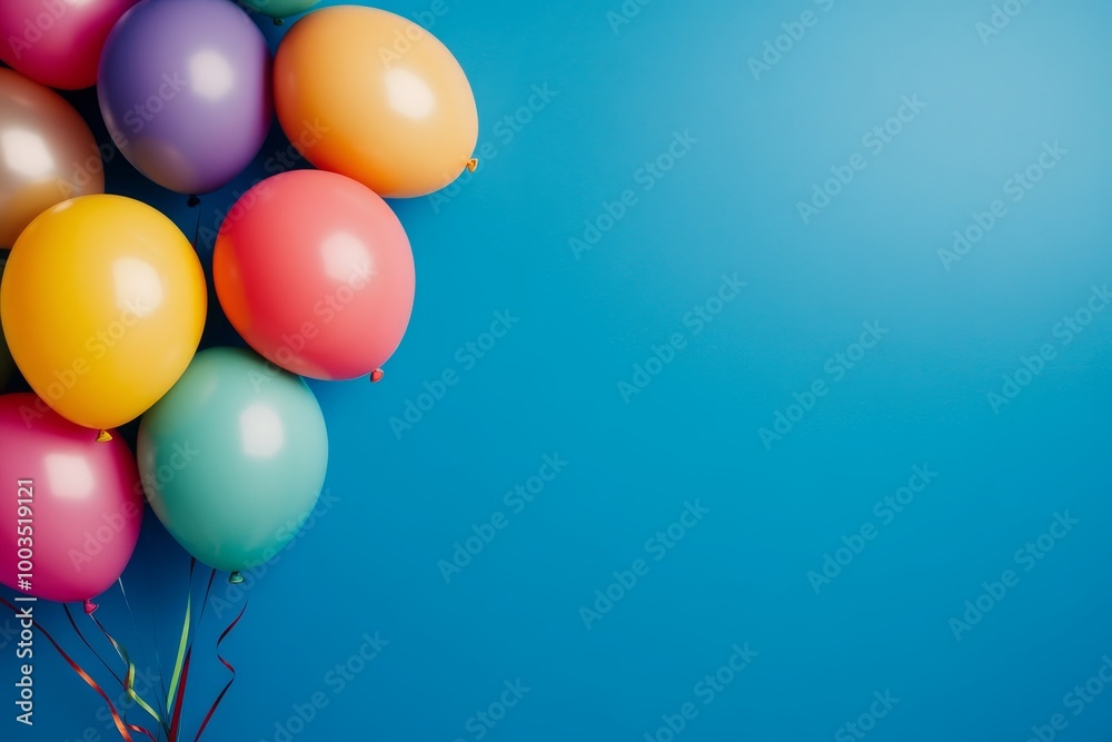 A cluster of colorful balloons on a blue background with copy space. A cluster of colorful balloons on a blue background with copy space.