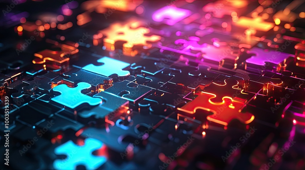 Neon-colored puzzle pieces merging on a glowing digital display, representing smooth API integration Neon-colored puzzle pieces merging on a glowing digital display, representing smooth API integration