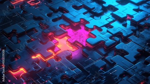 Neon-colored puzzle pieces locking into place on a glowing digital platform, symbolizing API integration