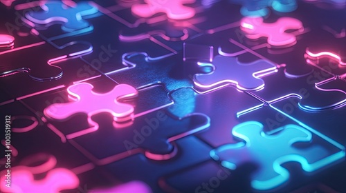 Neon-colored puzzle pieces locking into place on a glowing digital platform, symbolizing API integration