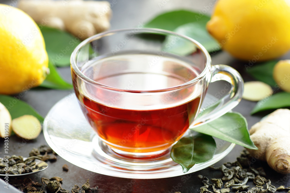 Green tea with fresh ginger and lemon, immune booster antivirus drink, hot winter tea on black background, closeup, natural medicine and naturopathy concept Green tea with fresh ginger and lemon, immune booster antivirus drink, hot winter tea on black background, closeup, natural medicine and naturopathy concept