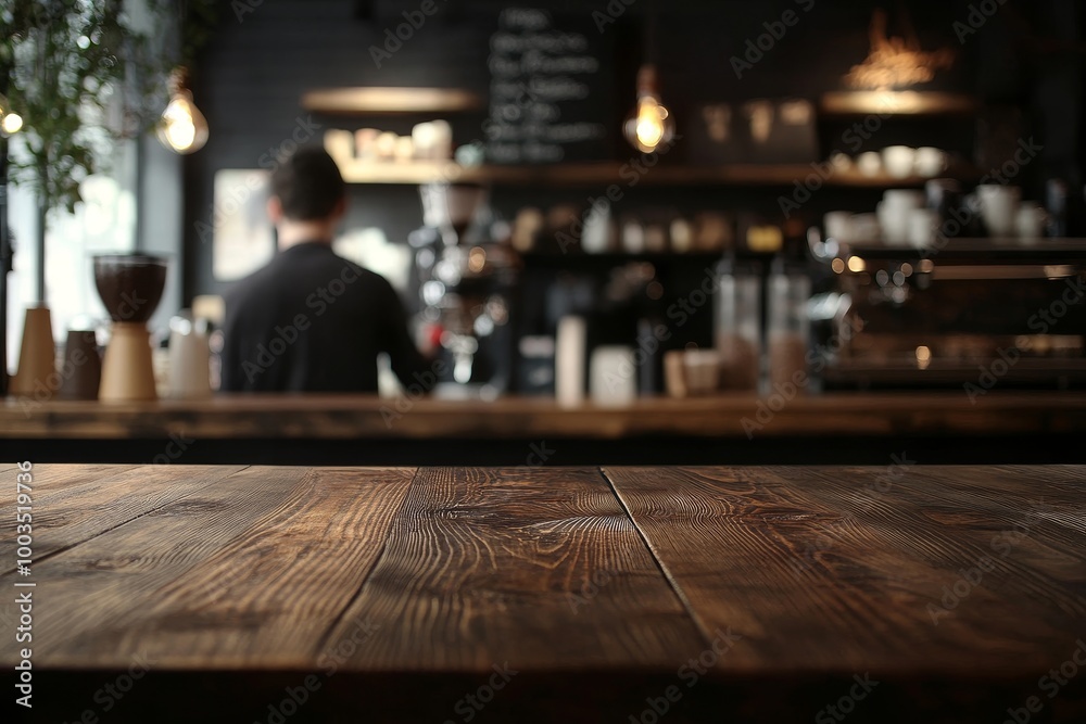 Empty wooden table in a coffee shop with a blurry background of a baristas preparing coffee. Empty wooden table in a coffee shop with a blurry background of a baristas preparing coffee.