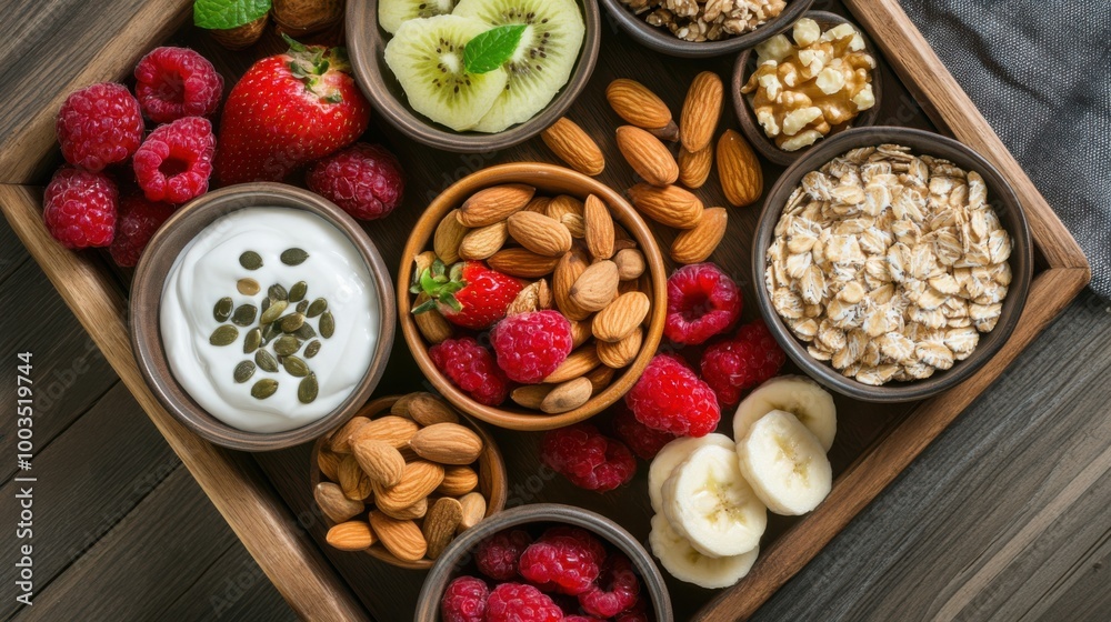 A protein-rich snack platter featuring Greek yogurt, nuts, seeds, and fresh fruits on a wooden A protein-rich snack platter featuring Greek yogurt, nuts, seeds, and fresh fruits on a wooden