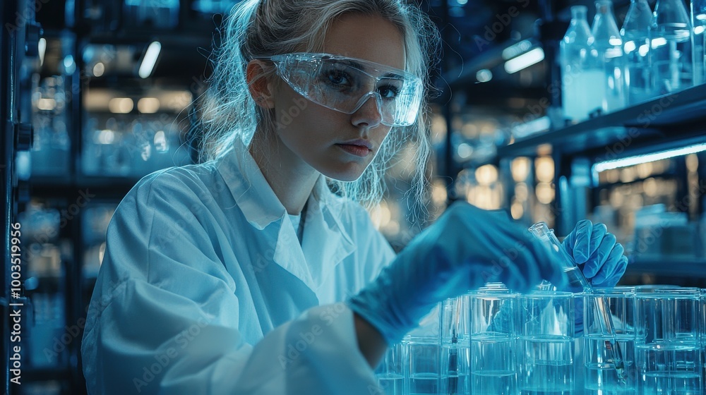 A young scientist conducts experiments in a modern laboratory surrounded by glassware and scientific equipment during the night A young scientist conducts experiments in a modern laboratory surrounded by glassware and scientific equipment during the night