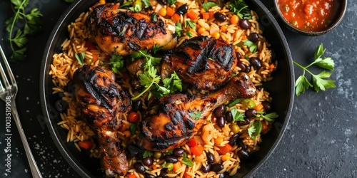Grilled chicken drumsticks accompanied by jollof rice, orzo, and black-eyed peas.