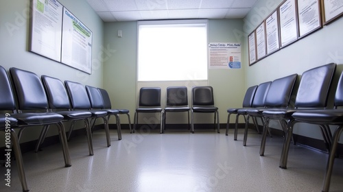 A waiting area with black chairs and a window, designed for patient comfort.