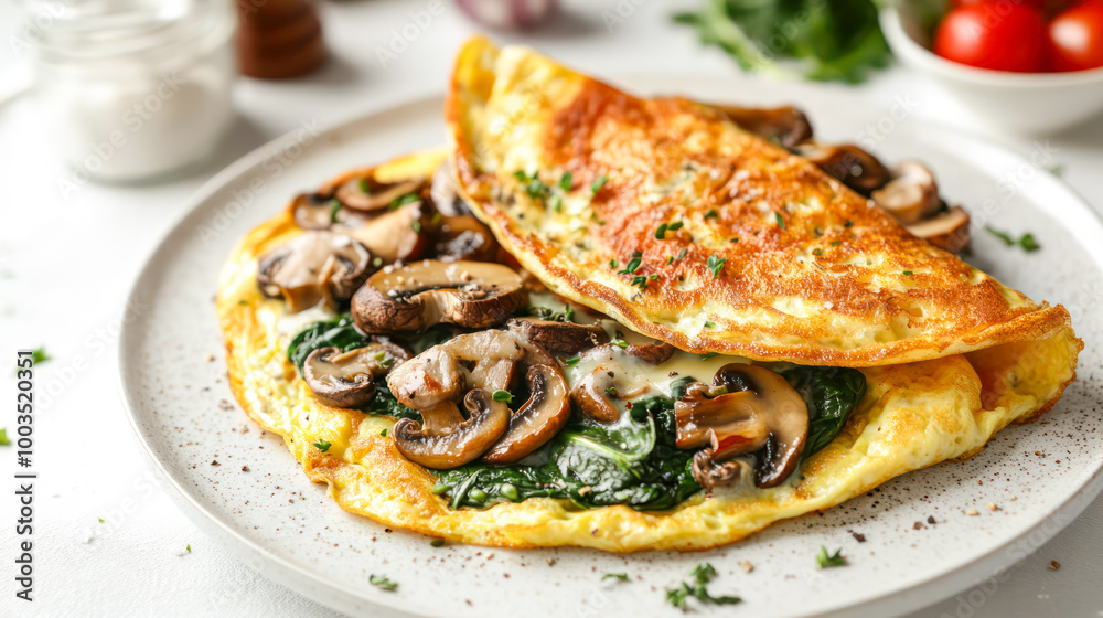 An egg and cheese omelette served with spinach and mushrooms on a white plate. Generative AI An egg and cheese omelette served with spinach and mushrooms on a white plate. Generative AI