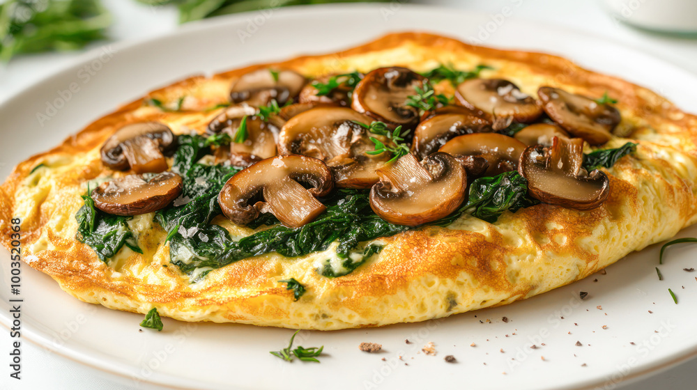 An egg and cheese omelette served with spinach and mushrooms on a white plate. Generative AI An egg and cheese omelette served with spinach and mushrooms on a white plate. Generative AI
