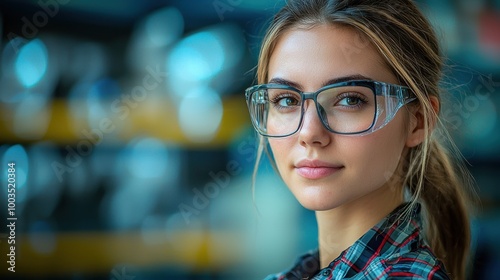 Young woman with glasses poses confidently in a workshop filled with tools during daylight hours