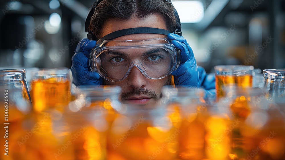 A focused scientist examines chemical samples in a laboratory setting during daytime research activities A focused scientist examines chemical samples in a laboratory setting during daytime research activities