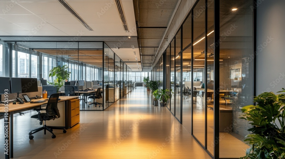 Open-plan office space with large glass walls, bright lighting, and ergonomic desks with office supplies. Open-plan office space with large glass walls, bright lighting, and ergonomic desks with office supplies.