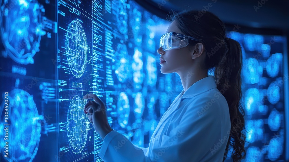A scientist analyzes data on a high-tech display in a modern research laboratory at night, focused on global projects and innovation A scientist analyzes data on a high-tech display in a modern research laboratory at night, focused on global projects and innovation