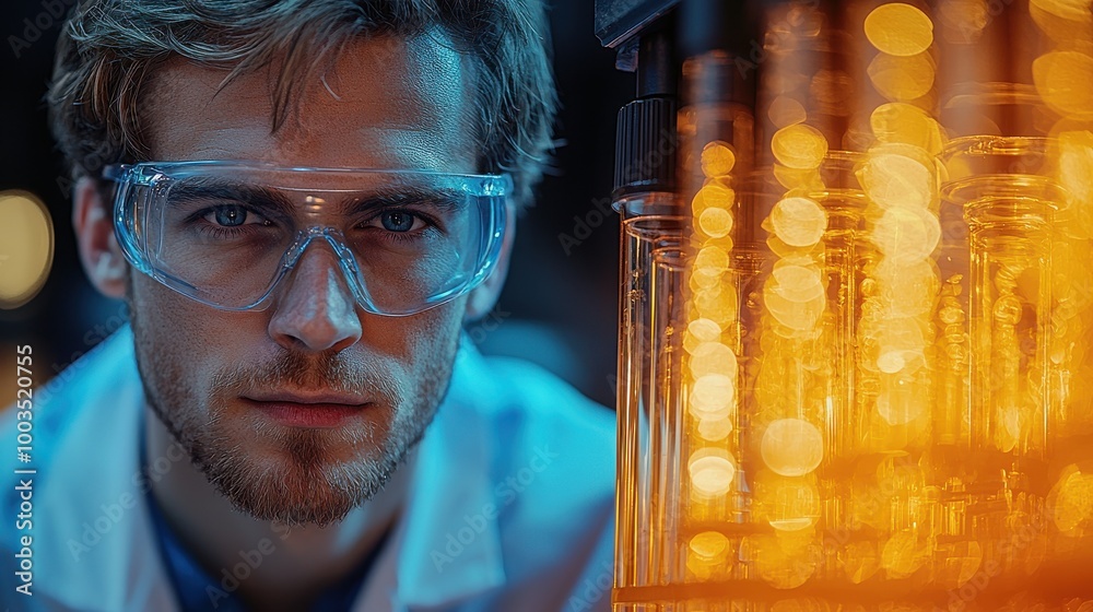 Young scientist analyzing samples in a laboratory filled with glowing test tubes during evening hours Young scientist analyzing samples in a laboratory filled with glowing test tubes during evening hours