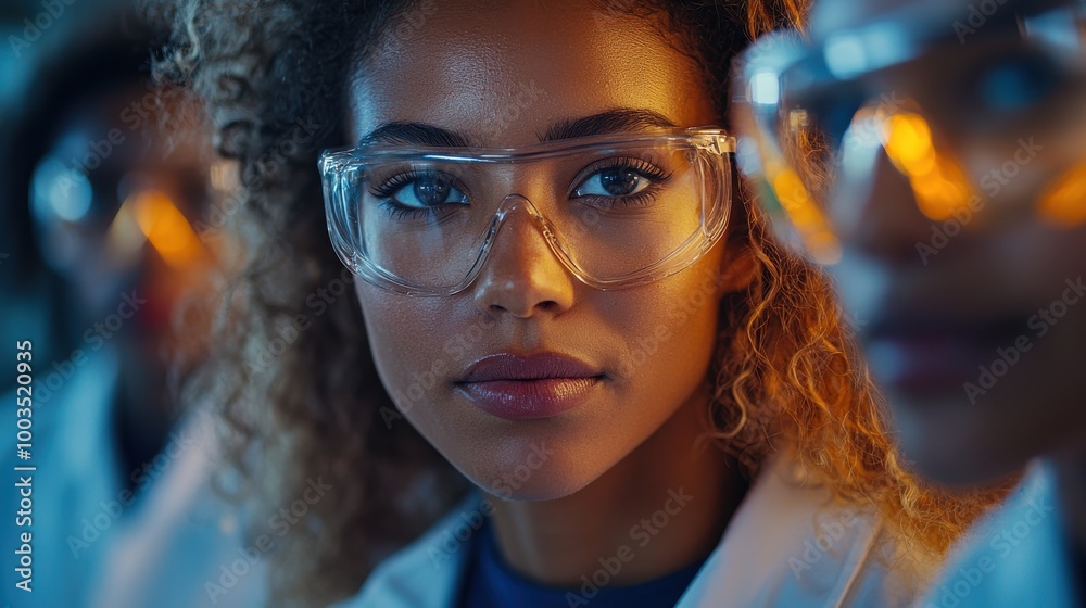 Young female scientist in protective eyewear focuses intently during a laboratory experiment with colleagues Young female scientist in protective eyewear focuses intently during a laboratory experiment with colleagues