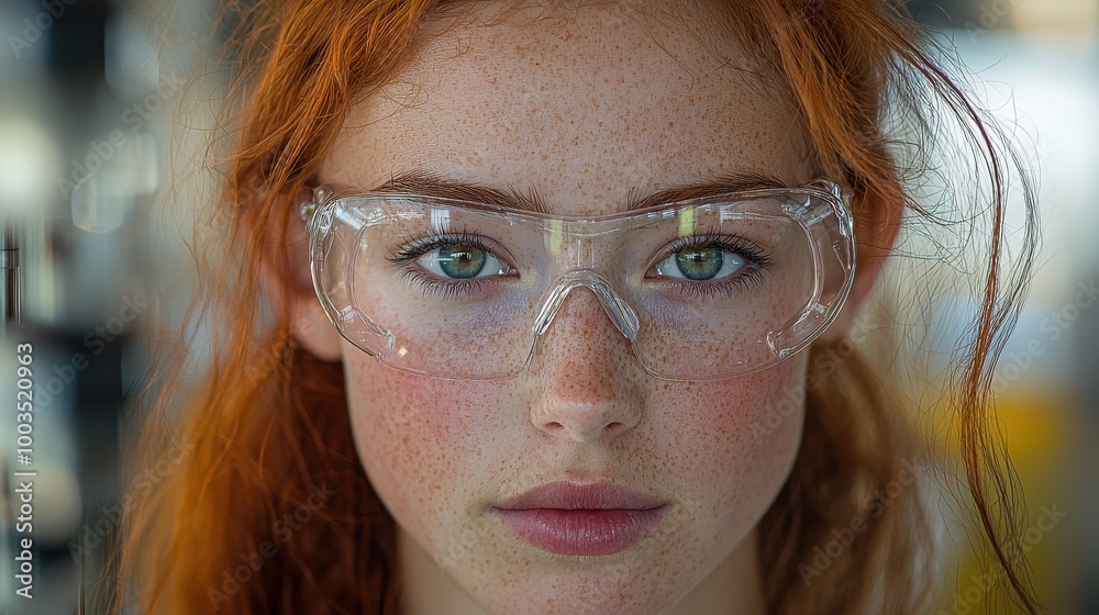 Young woman with freckled skin and green eyes wearing protective glasses in a lab setting during daylight hours Young woman with freckled skin and green eyes wearing protective glasses in a lab setting during daylight hours
