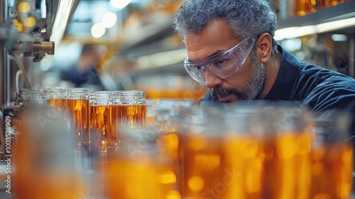 Worker inspecting amber liquid in glass jars at a manufacturing facility during the day