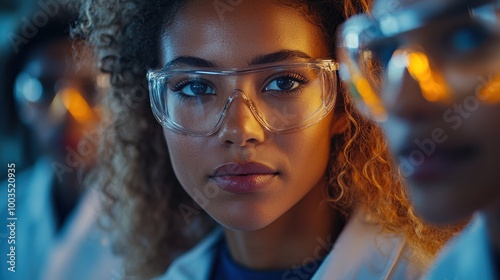 Young female scientist in protective eyewear focuses intently during a laboratory experiment with colleagues