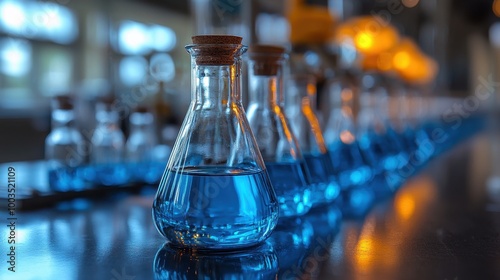 Laboratory setup featuring several glass flasks containing vibrant blue liquid under natural lighting