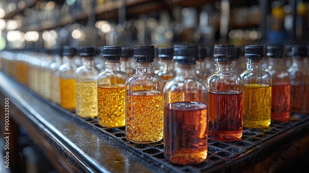 Rows of colorful liquids in glass bottles displayed on a dark wooden shelf inside a workshop during daylight Rows of colorful liquids in glass bottles displayed on a dark wooden shelf inside a workshop during daylight