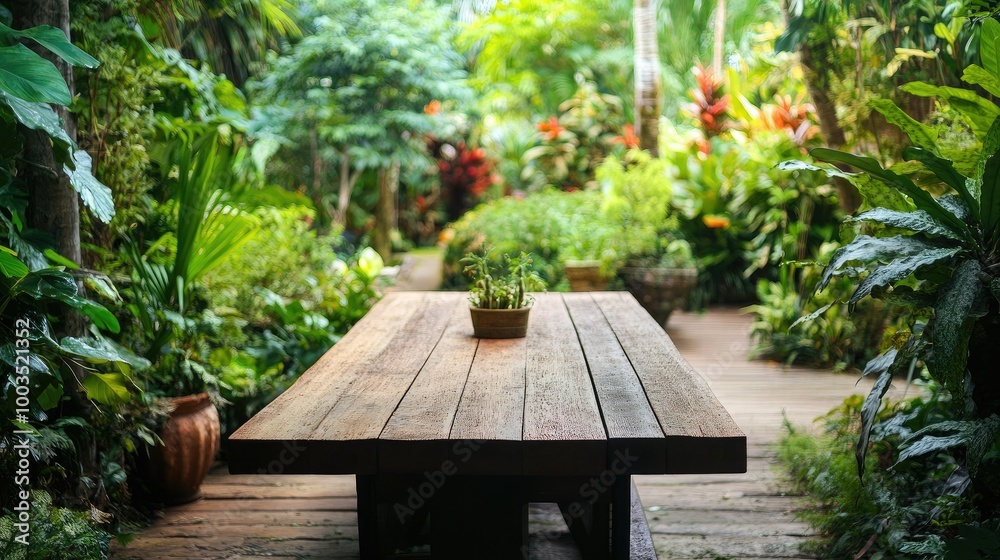 Outdoor wooden table set in a lush home garden, perfect for entertaining guests amidst nature