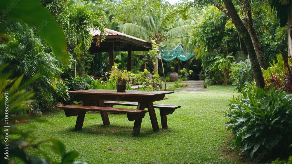 Obraz premium Outdoor wooden table set in a lush home garden, perfect for entertaining guests amidst nature