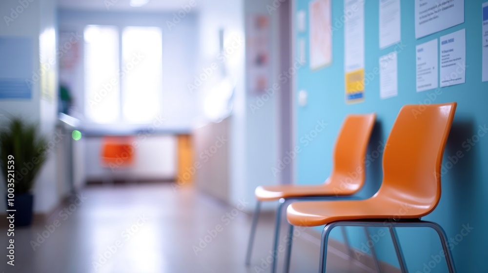 A waiting area with orange chairs and a calm atmosphere in a healthcare setting. A waiting area with orange chairs and a calm atmosphere in a healthcare setting.