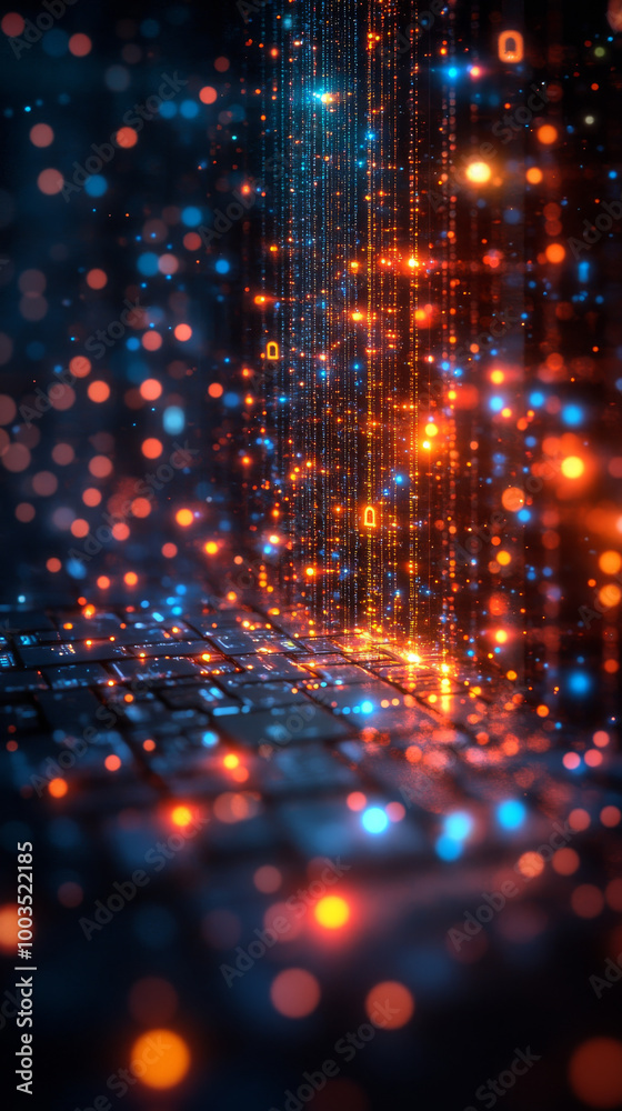 Abstract digital data stream, glowing with orange and blue lights. Abstract digital data stream, glowing with orange and blue lights.