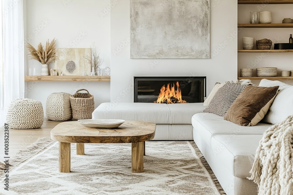 Fototapeta premium Modern living room interior with a white sectional sofa, a fireplace with burning fire, a wooden coffee table, and a fluffy rug.