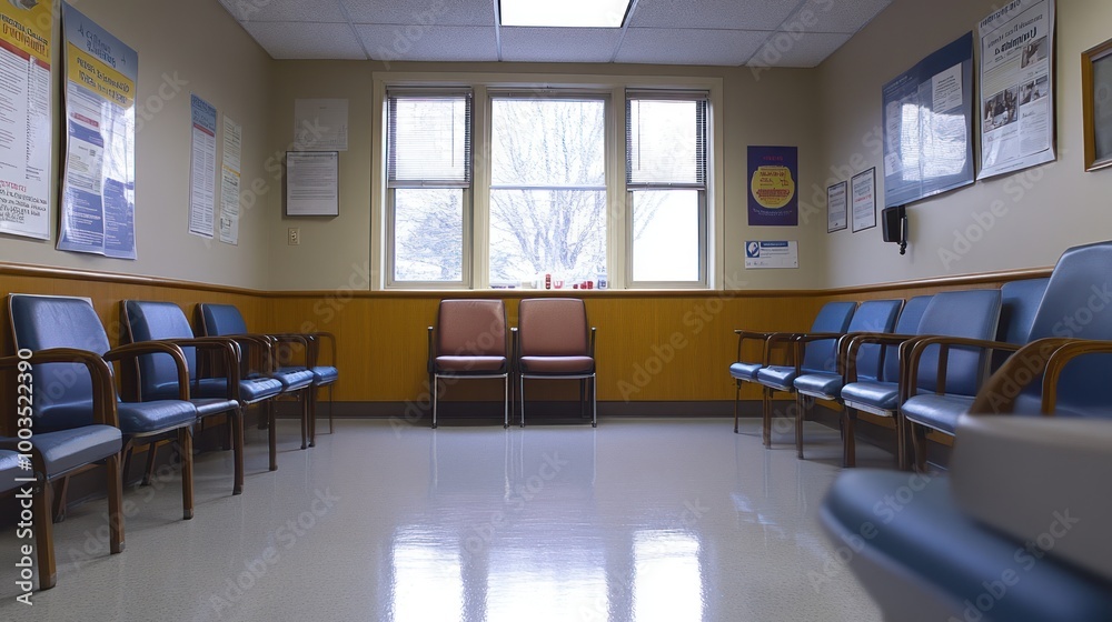 A waiting room with blue chairs and natural light from windows.