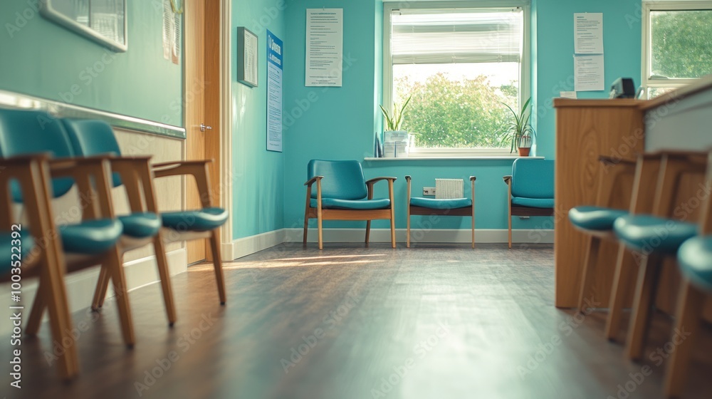 Fototapeta premium A waiting room with blue walls and chairs, designed for comfort and relaxation.