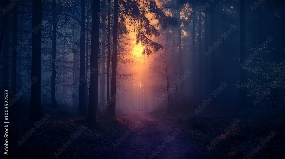 A mysterious path winds through a dense forest, shrouded in mist. The sun peeks through the trees, casting a warm glow on the path ahead. A mysterious path winds through a dense forest, shrouded in mist. The sun peeks through the trees, casting a warm glow on the path ahead.