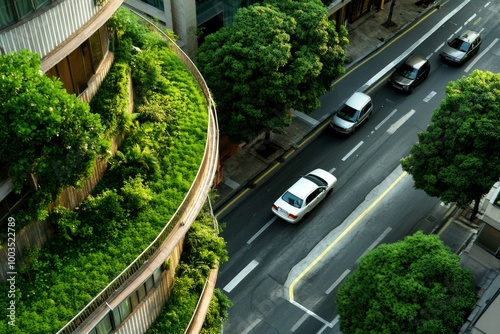 A cityscape with green rooftops and sustainable urban planning, blending nature with eco-conscious design