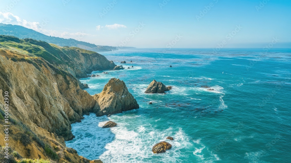 Rocky cliffs with turquoise ocean waves splashing against them, framed by clear blue skies. Rocky cliffs with turquoise ocean waves splashing against them, framed by clear blue skies.