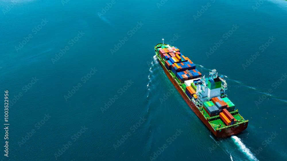 Aerial view of the freight shipping transport system cargo ship container. international transportation Export-import business, logistics, transportation industry concept Aerial view of the freight shipping transport system cargo ship container. international transportation Export-import business, logistics, transportation industry concept