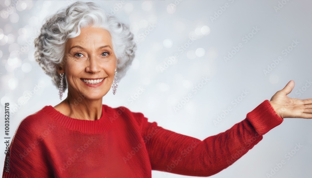 An older mature senior woman with silver grey hair, smiling and holding her arm up to present something and wearing a red holiday sweater in front of a sparkly winter background. An older mature senior woman with silver grey hair, smiling and holding her arm up to present something and wearing a red holiday sweater in front of a sparkly winter background.