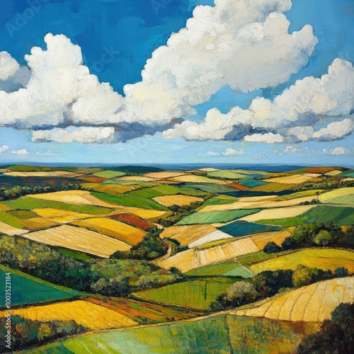 Rolling countryside with patchwork fields of green and gold, under a vast blue sky with fluffy white clouds.