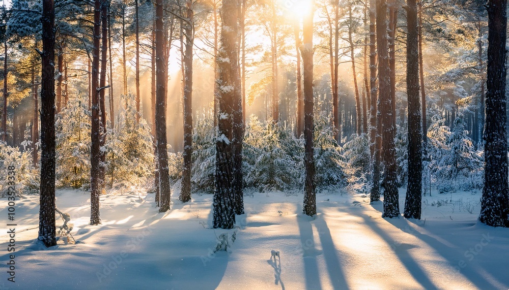 Naklejka premium A woodland forest in the winter with sunlight shining on the snow through the trees to create a beautiful landscape nature scene.