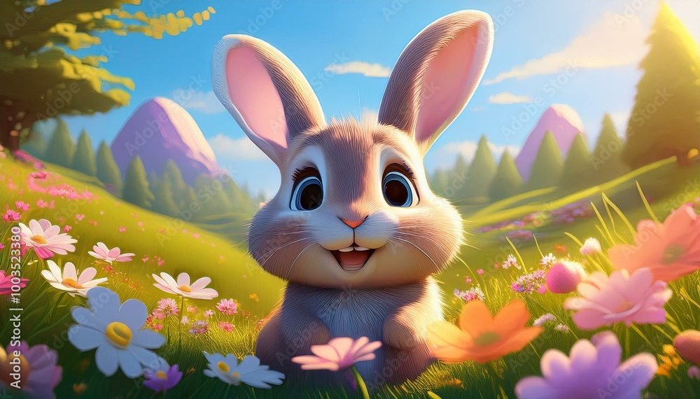 Cute Cartoon easter Bunny in a Spring meadow with Flowers Cute Cartoon easter Bunny in a Spring meadow with Flowers