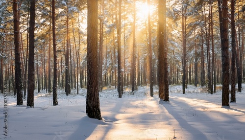 A winter forest scene with sunlight filtering through the woodland trees in the snowy woods.