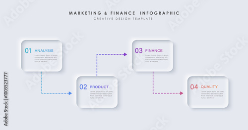 Neumorphism design infographic, 4 step timeline illustration. Minimal clean design. 