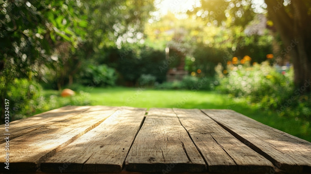 Rustic wooden tabletop in a green backyard garden, perfect for outdoor dining or casual gatherings in a natural setting Rustic wooden tabletop in a green backyard garden, perfect for outdoor dining or casual gatherings in a natural setting